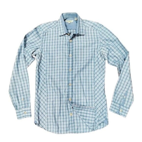 Ted Baker London Plaid Long Sleeve Curved Hem Button-Up Shirt Blue Men's Size 2 - Picture 1 of 8